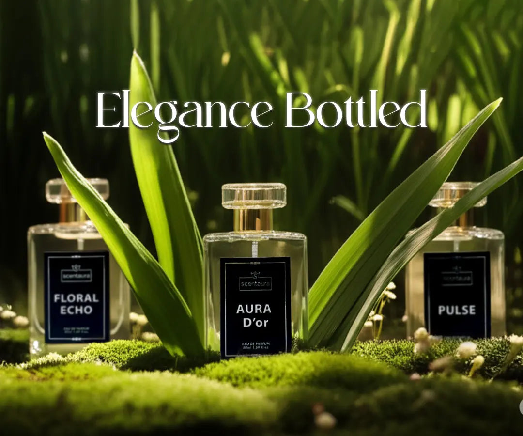 Three perfume bottles labeled 'Floral Echo', 'Aura D'or', and 'Pulse' on a grassy background with the text 'Elegance Bottled'.