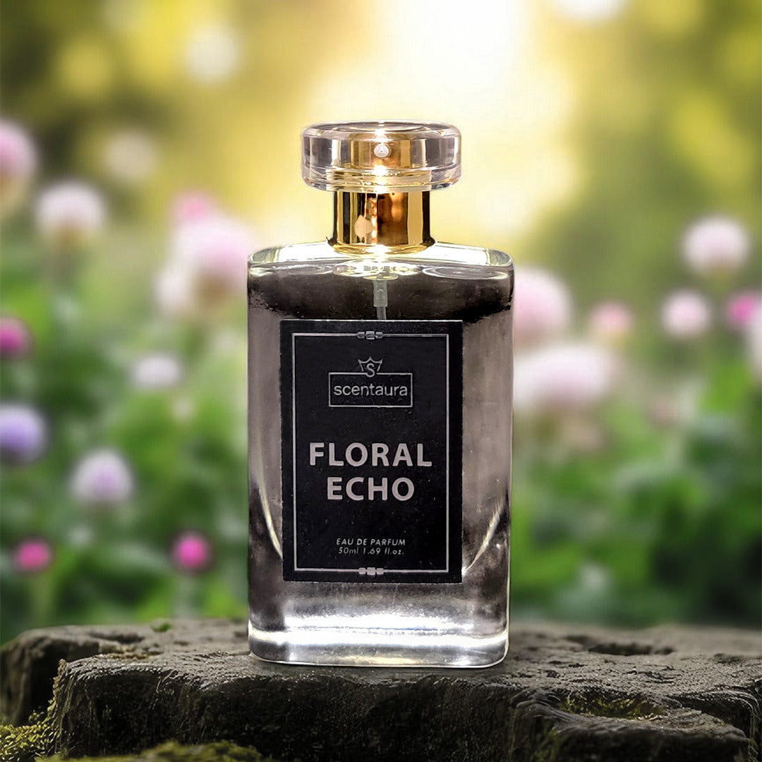 Perfume bottle labeled 'Floral Echo' by Scentaura on a stone surface with a blurred floral background