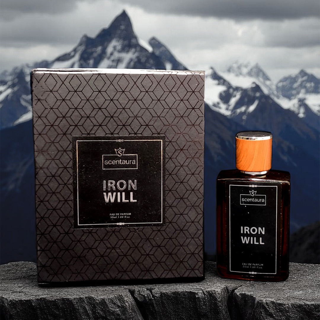 Scentaura Iron Will perfume bottle and packaging with a mountainous background