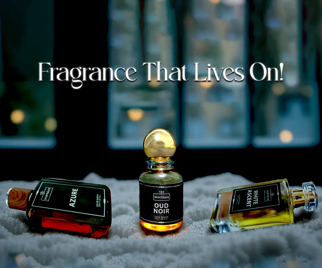 Three perfume bottles with a blurred cityscape background and text 'Fragrance That Lives On!'.