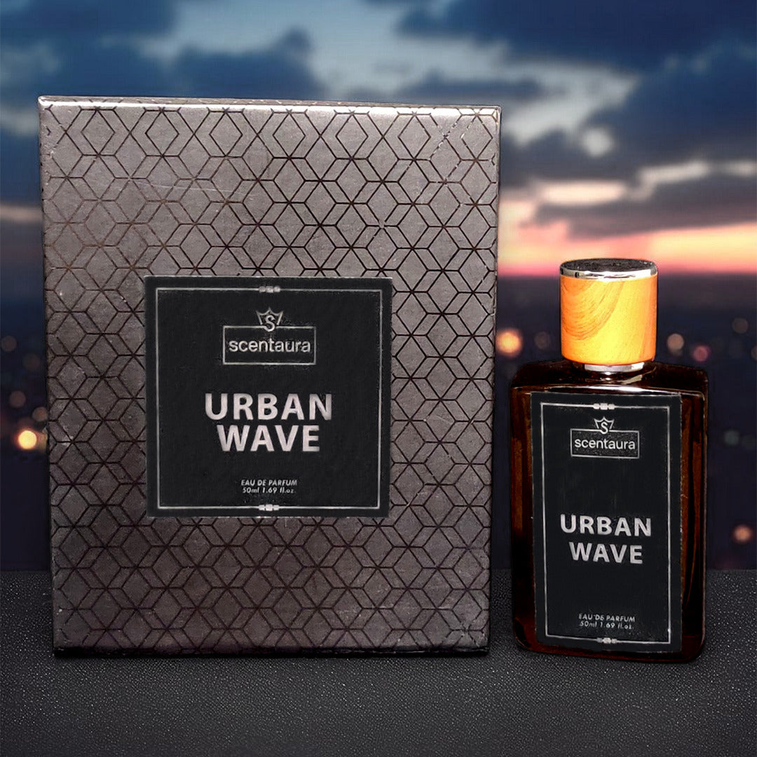 Scentura Urban Wave perfume bottle and packaging against a blurred cityscape background