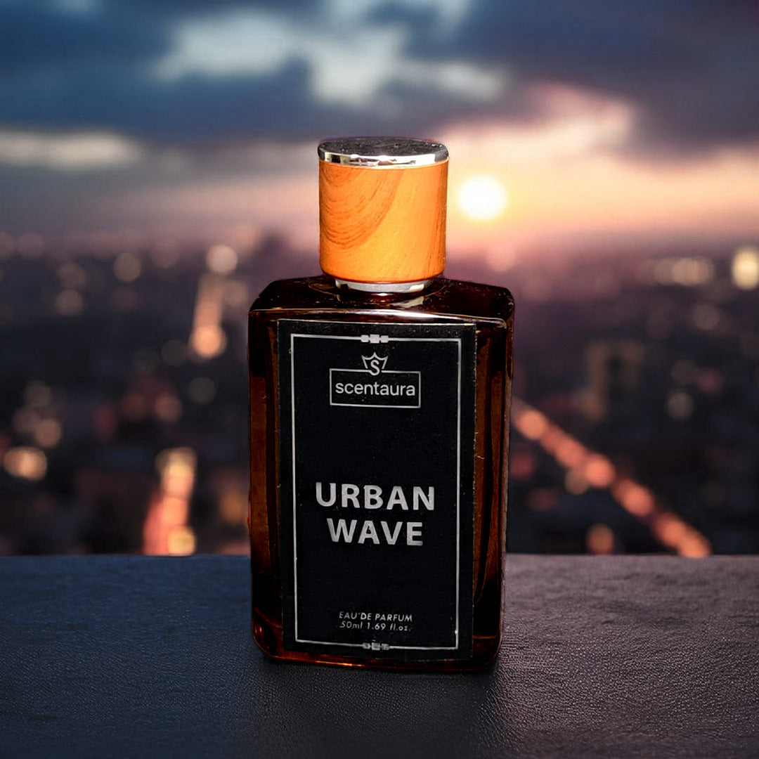 Perfume bottle labeled 'Urban Wave' by Scentaura with a cityscape background