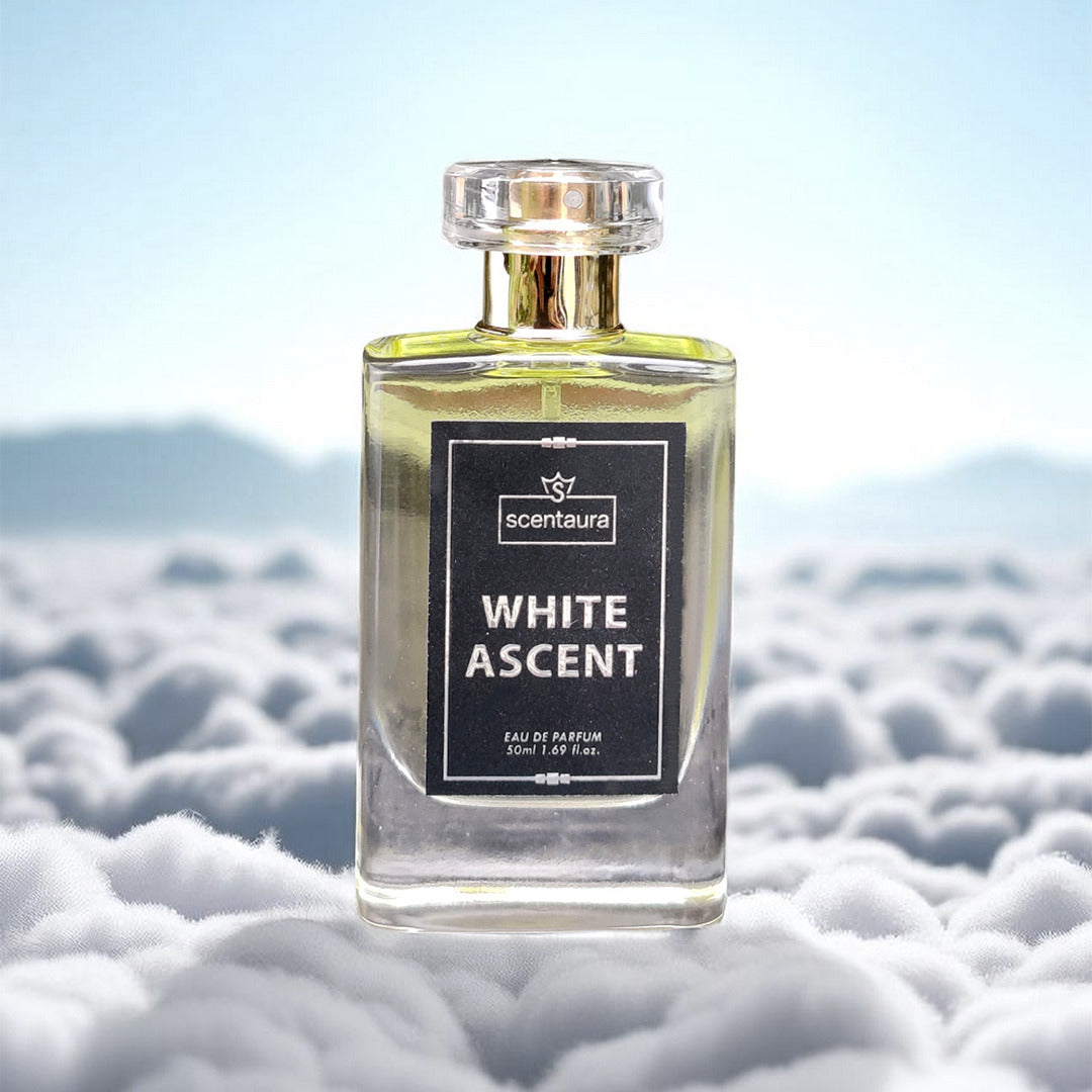 Perfume bottle labeled 'White Ascent' by Scentura on a cloud background